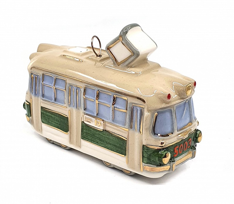 Елочная игрушка "Трамвай" с зеленой полосой
